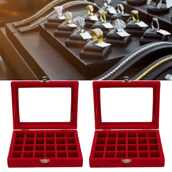 2 st Sammet Smyckeskrin 24 Fack Smyckesring Displaybox med Transparent Lock för Örhängen Ringar Armband Broscher