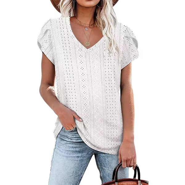 Kortärmad damtopp med kronbladsärm, urholkade hål, V-ringning, lös passform, avslappnad T-shirt för sommarbruk, vit S