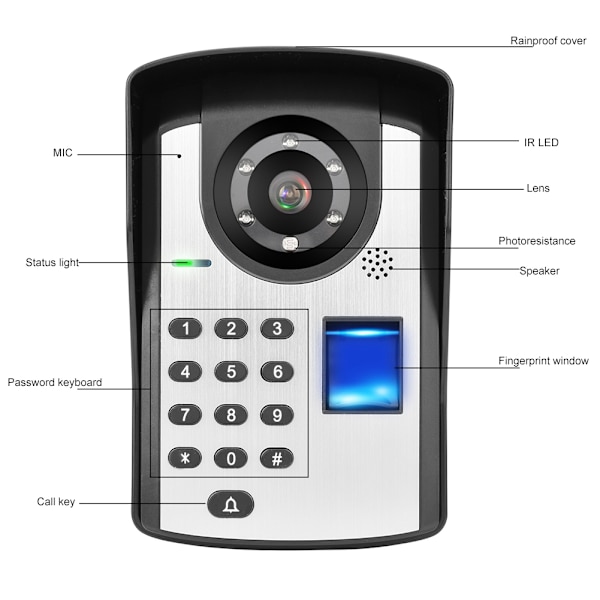 7 tommer TFT Videodørtelefon Intercom Dørklokke Fingeraftryk Adgangskode Opluk Nattesyn AU 110-240V