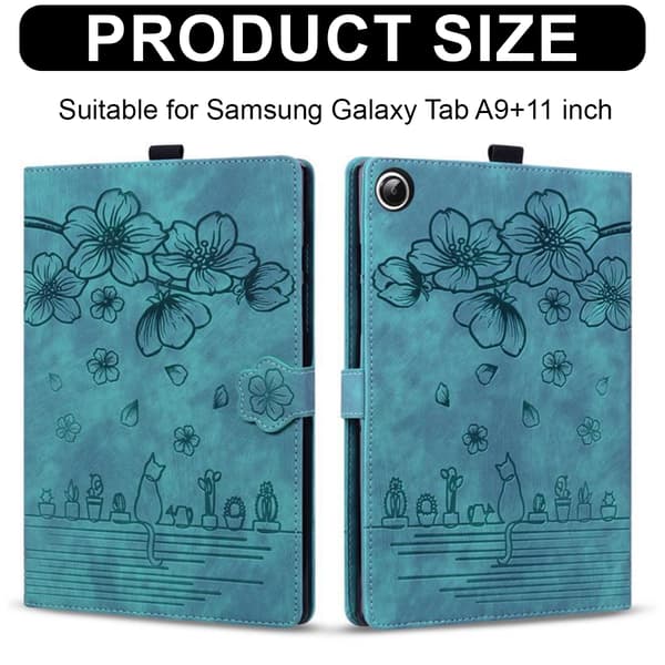 Etui til Samsung Galaxy Tab A9+ - Blå Kat - PU Læder - TPU Bumper Silikone - Kortlommer
