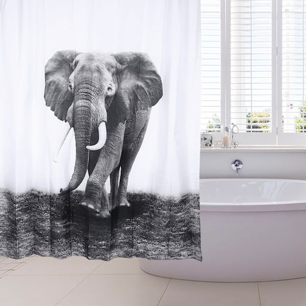 180x200cm Vandtæt Bruseforhæng Badeværelse Kreativ Polyester 12 Kroge 8# Elefant