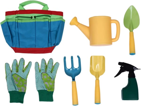 Set med 7 trädgårdsredskap för barn - spade, ras, gaffel, handskar
