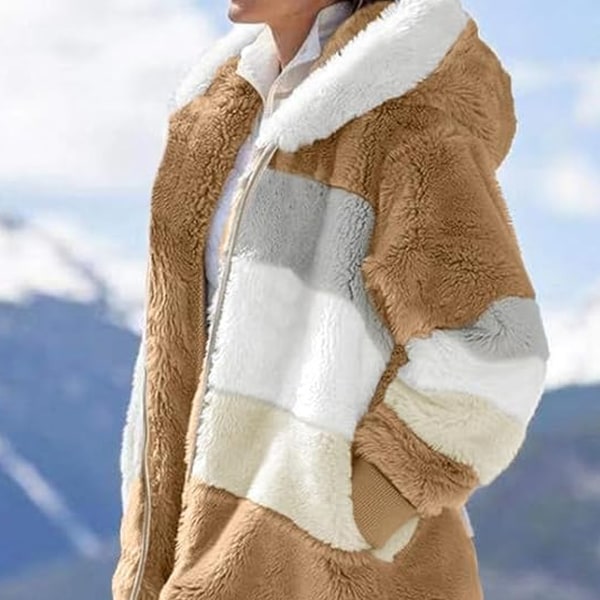Vinterjacka i ullig fleece för kvinnor med huva i färgblock patchwork