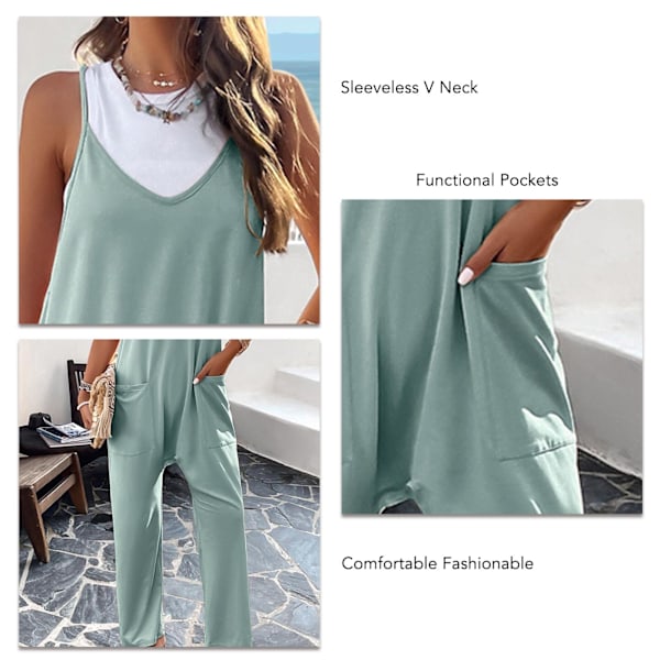 Dam Spaghetti Strap Jumpsuit Lös Passform Casual V-ringad Vida Ben Ärmlös Overall med Fickor Grön Böna L