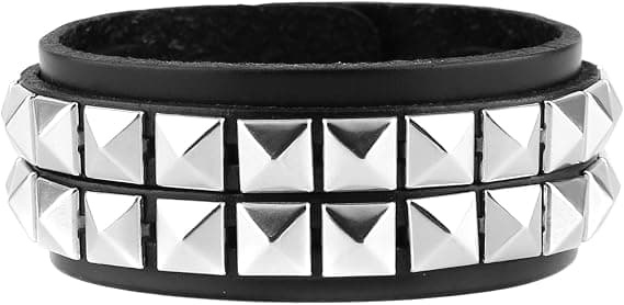 Unisex Sort Ægte Læder Sølv Pyramide Nitter Armbånd 80'er