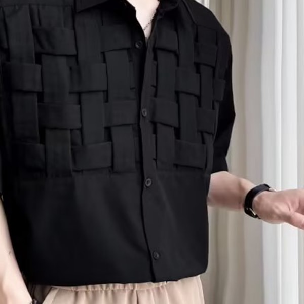 Mænd Halværmet Skjorte Vævet Strikket Sommer Mode Ensfarvet Nedklappelig Krave Top Sort 2XL