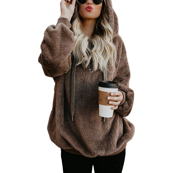 Womens Fuzzy Hoodies Pullover Cozy Oversized Lommer Hættetrøje