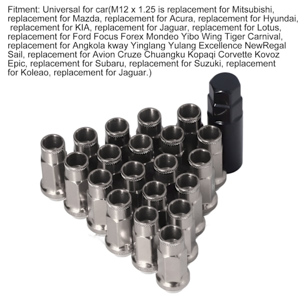 20 stk M12x1.25 Metal Hjulmøtrikker Universelle Biltilbehør Udskiftning til Mitsubishi Sort