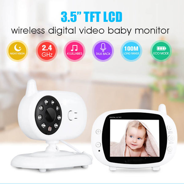 Trådløs 3,5 tommer LCD Digital Videobabyalarm Babysitter Justerbar synsvinkel Temperaturmåling To-vejs kommunikation EU-stik 110‑220V