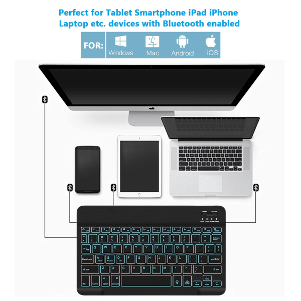 Android-telefon iPad Bakgrunnsbelyst Bluetooth bærbart trådløst tastatur