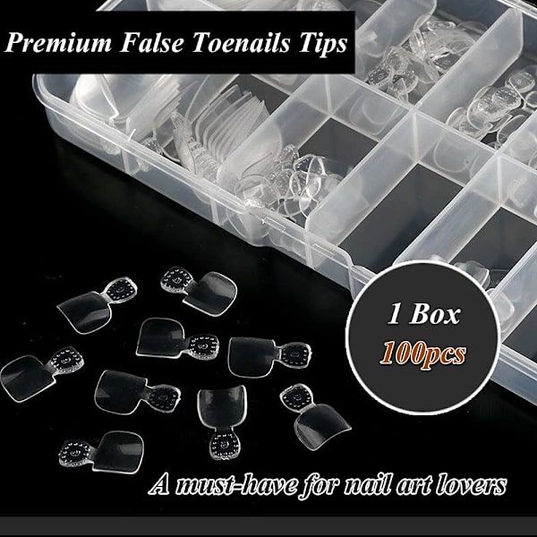 Akryl falske tånegler fullt deksel, 100 stk kunstig fransk tånegl 10 størrelser med boks, falske tånegletips for neglesalonger og DIY Nail Art-fot