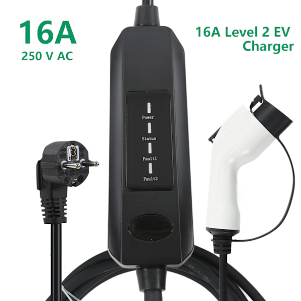 Sort EV-lader 16A Bærbar Elbil-lader EU-stik 110V‑250V til de fleste elbiler