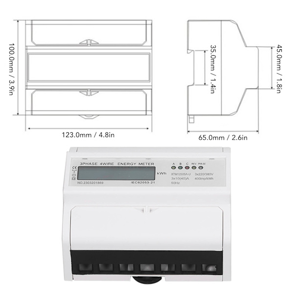 Elmätare 3-fas 4-trådig LCD Eltester DIN-skena Ström Spänning Effektmätare 3x220V/380V