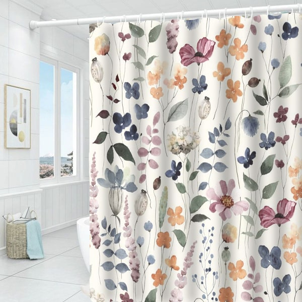 Farverigt Blomster Bruseforhæng, Sød Boho Blomst Stof Bruseforhæng, Funky Vandfarve Vildblomst Trendy Bruseforhæng Sæt, Bohemian Badeværelse Style 2