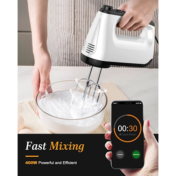 Professionell Elektrisk Handmixer, 400W Ultra Stark Kopparmotor, 6-Hastighetskontroll & Turbofunktion, Rostfria Tillbehör, Ergonomisk Design,