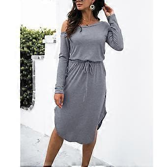 Dame Kjole Polyester Polyurethan Fiber Ensfarvet Off Shoulder Lange Ærmer Elastisk Kjole i Ét Stykke til Efterår Vinter