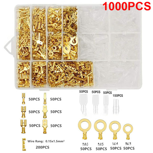 1000 stk. Han-Hun Klemforbindelser Spade-terminaler Isoleret 2.8 4.8 6.3mm Guld