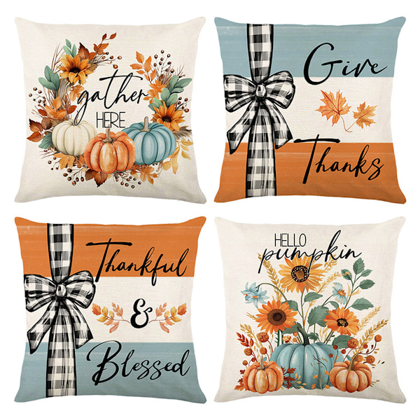 Höst Utomhus Kuddfodral, Set om 4, Maskintvättbara, Thanksgiving Dekoration, Osynlig Dragkedja Design för Hemsoffan, 18x18 Tum