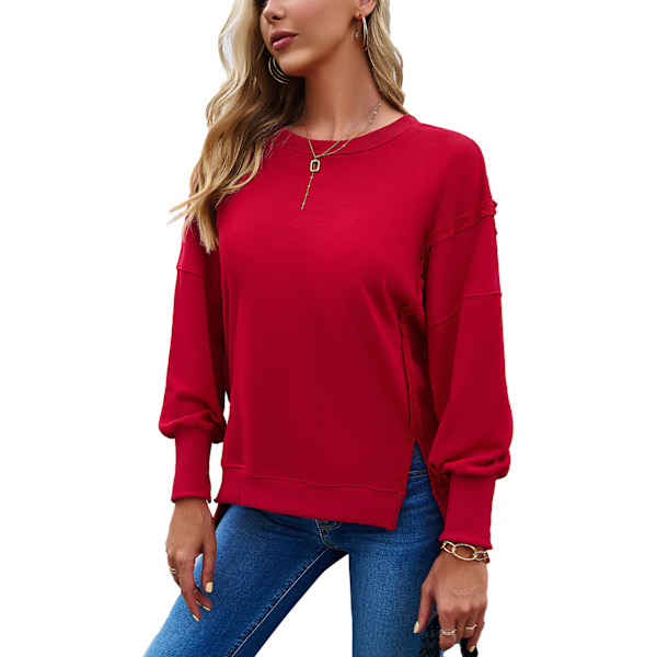 Dam Långärmad Tröja Rund Hals Delad Fåll Ledig Oversized Pullover Höst Outfit Röd L