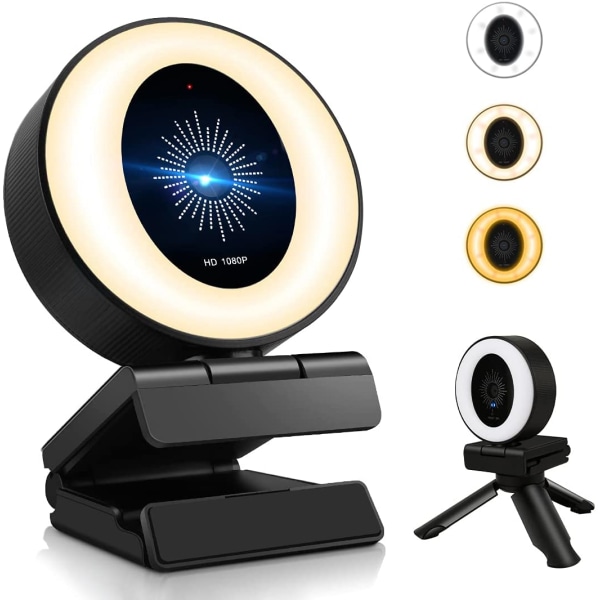 1080P webcam med mikrofon og belysning, 3-niveau justerbar lysstyrke, Plug and Play computerkamera, velegnet til Skype, Zoom, FaceTime,