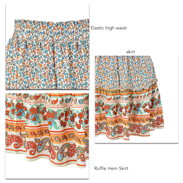 Kvinnors Rynkad Kant Skort Floral Tryckt Elastisk Etnisk Kort Skort För Sommar Vår Höst Beige XL