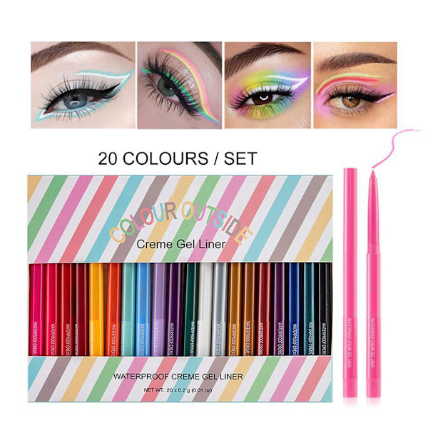 20 stk Fargerike Gel Eyeliner Blyantsett Fargede Øyelappere Langvarig Vannfast Smudge Proof Øyne Makeup Eyeliners for Kvinner