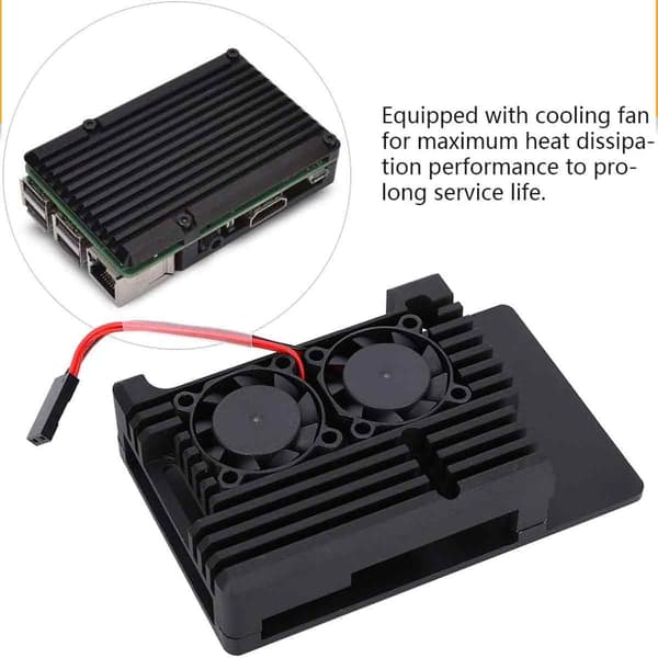 Sort aluminiumlegeringsbeskyttelseskasse til Raspberry Pi 4 Model B med dobbelte køleventilatorer