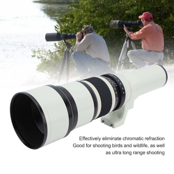 500mm F6.3 Teleobjektiv 4 Elementer i 4 Grupper Klar Udsigt Legeringsskal Kameraobjektiv med T2AI Konverter til Nikon Kamera Hvid