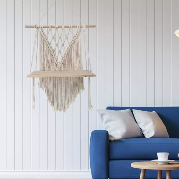 Väggkonst av naturlig bomullsrep, charmig vägghylla i makramé i lantlig stil för boho-hyllor, organizer i matsal, vardagsrum, sovrum, hotell