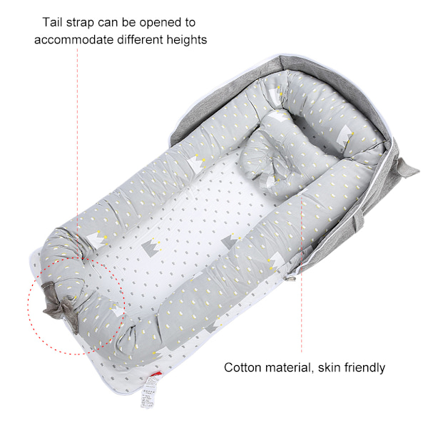 Avtakbar Vaskbar Bærbar Baby Seng Spedbarn Nyfødt Soveseng med Pute Babybeskyttelse Grå Krone 85x45x12cm