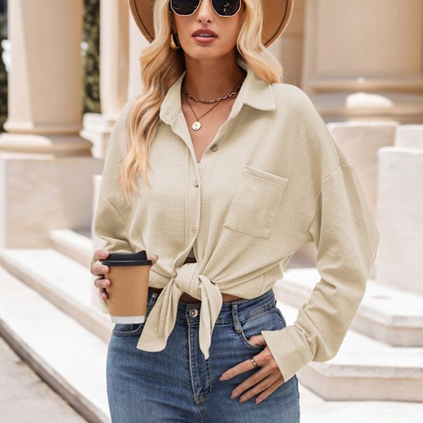 Dam Lång Knäppskjorta Casual Figursydd Långärmad Ficka Fram Lång T-shirt Beige XXL