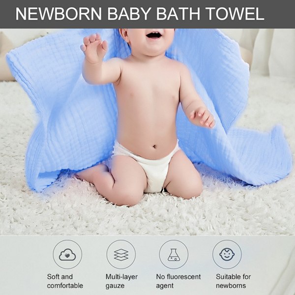 Babyfilt Newborn Mjuk Spädbarns Plysch Badhandduk Toddler Warp Bomullsgaze Snabbtorkande Blå 90 x 90cm