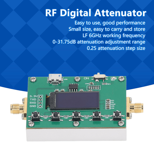 Digital Demper 6G RF Programmerbar Modul 30DB Trinn 0.25DB Organisk Lysdiodeskjerm CNC-Kasse