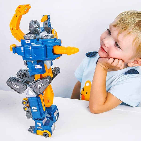 Transformerende Robotter til Børn 3-7, Magnetisk Legetøjssæt Inklusive Bulldozer og Gravemaskine, der Transformerer til Dinosaur eller Robot, Nem Snap Samling