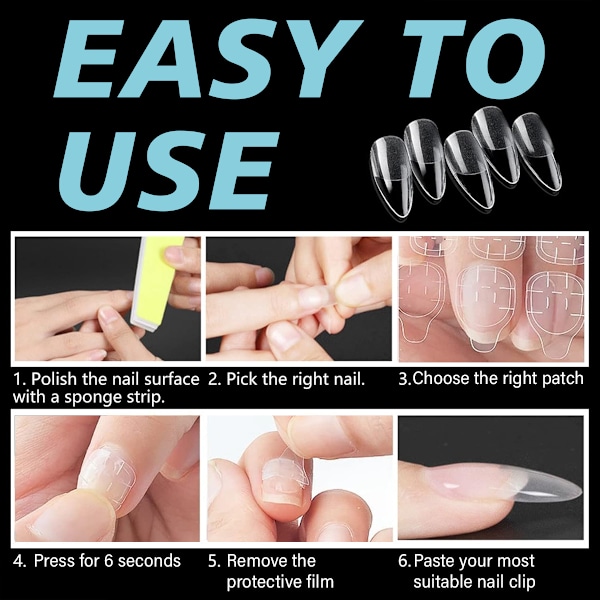 Falske negler transparente, full cover gel tips, neglespisser i 12 størrelser, kunstige negler for å feste på neglekunst