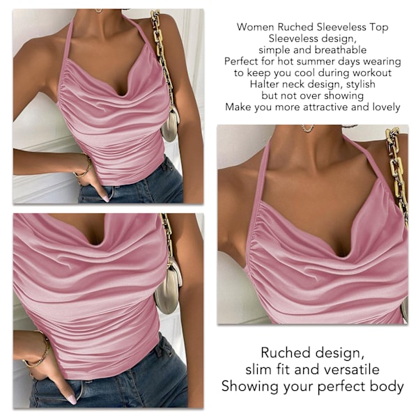 Kvinders Rynket Tanktop Halter Hals Uden Ærmer Top Kvinder Ren Farve Mode Rygløs T-shirt Slim Fit Suspender Top Pink S