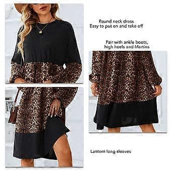 Damklänning Rund Hals Hög Midja Lykta Lång Ärm Leopardtryck Casual Klänning för Dam