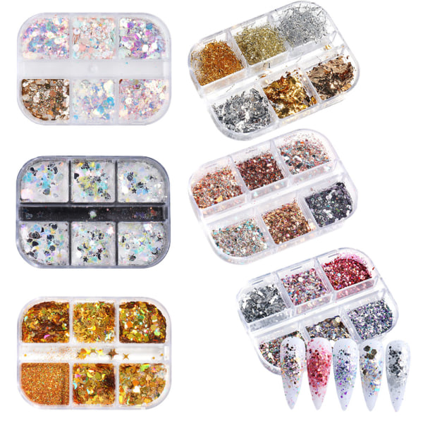 6 laatikkoa Nail Sequins ja Nail Puuteri, Nail Art Glitter Mixed