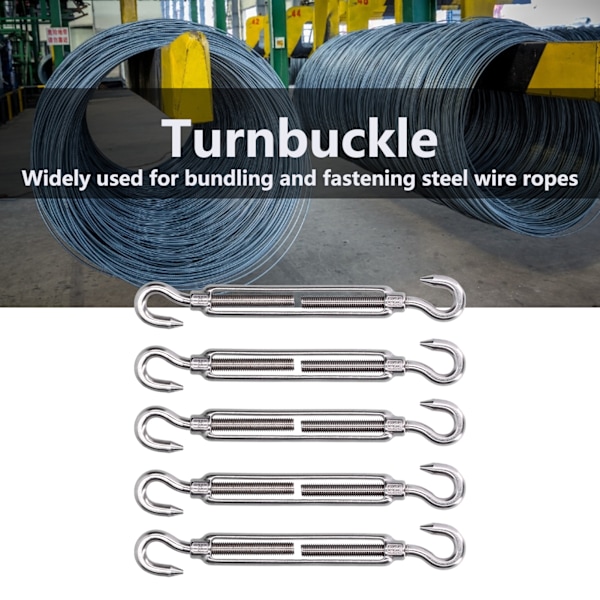 5 stk. Strammeskruer med krok og krok, Wire Rope Tension, 304 rustfritt stål, Skygge Seil Hardware M6