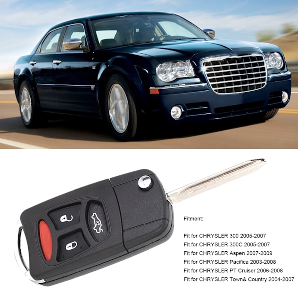 3 Panikknappar Vikbart Fjärrkontroll Flip Skal Nyckelbricka Fodral Passar för CHRYSLER 300 2005-2007