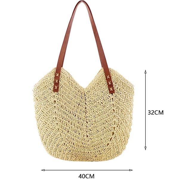 Hulvævet strandtaske til kvinder, håndvævede boheme-skuldertasker, kurvtaske, stråtaske, raffia-taske, sommerhalmtaske med lynlås og læder