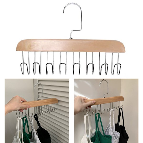 Bälteshängare i trä, halkfri klädhängare med flera krokar och roterbara krokar för hemförvaring av kläder, elegant design för garderob, sovrum,