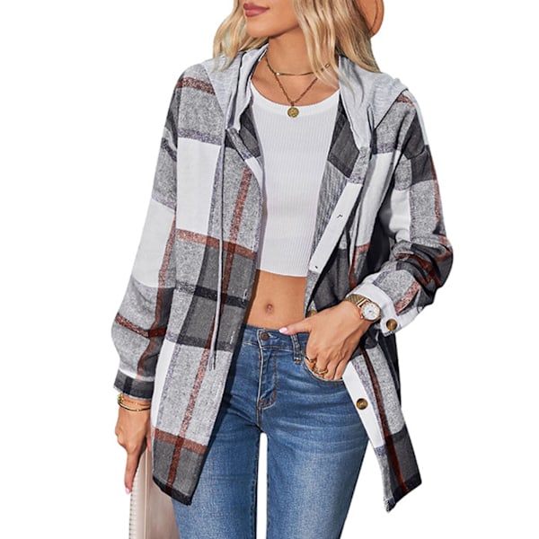Dam Rutig Kappa Knäppning Huva Lös Passform Casual Trendig Dam Skjortjacka för Höst Vinter Svart Orange XL