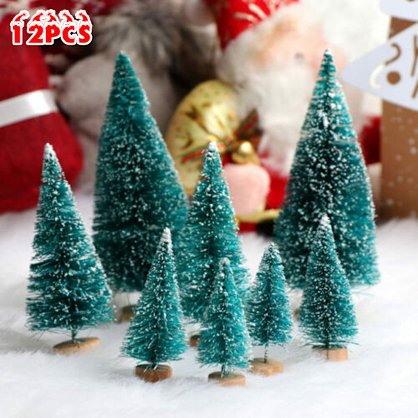 12 st Mini Sisal Julgranar Ornament Snö Frost Litet Tallträd Juldekor