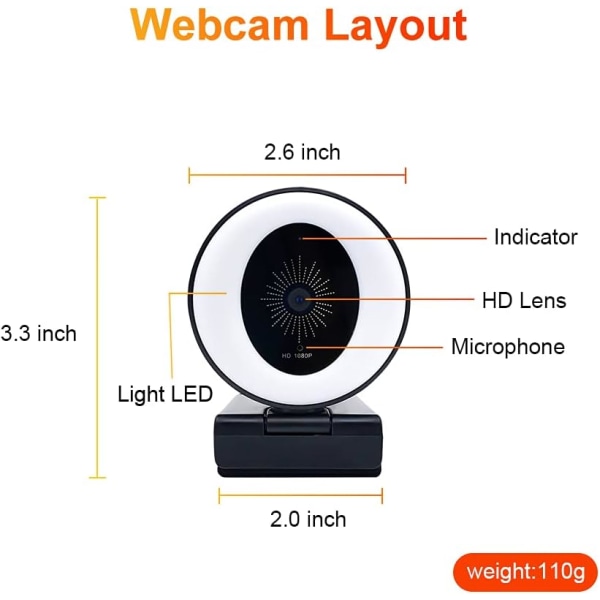 1080P webcam med mikrofon og belysning, 3-niveau justerbar lysstyrke, Plug and Play computerkamera, velegnet til Skype, Zoom, FaceTime,