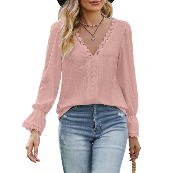 V-ringad blus med spetsjacquard, romantisk långärmad blus med jacquardspets och guipurespets för kvinnor, rosa L