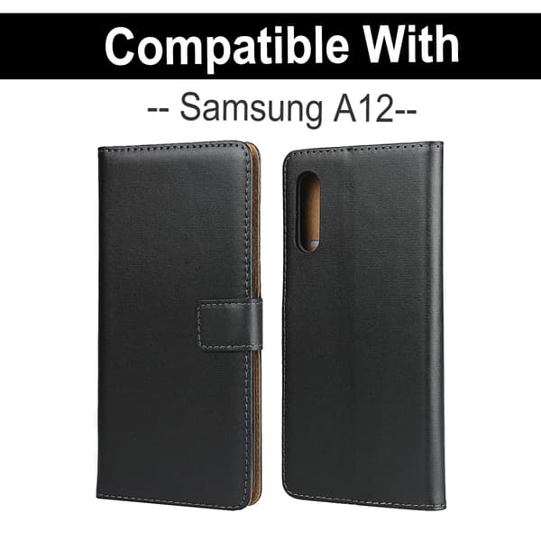 Samsung A12 - Ægte Læder Etui - Vælg Farve! Sort Sort