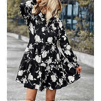 Dam Långärmad Klänning Elastisk Rynkad Klänning Blommig Tryck Volang Mock Neck Midi Klänning