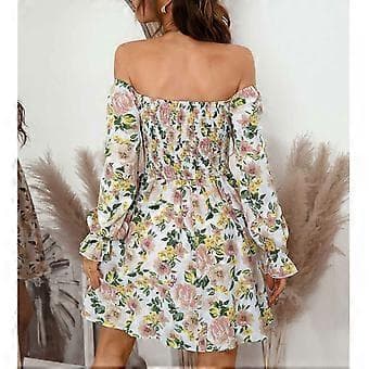 Blommig Rynkad Off Shoulder Klänning Trendig Elastisk Stretchig Elegant Klänning för Kvinnor