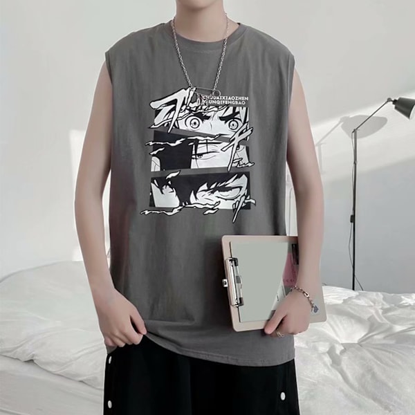 Mænd Tanktop Smuk Print Ærmeløs Løstsiddende Vest Skåret Skjorte til Hjemmetræning Grå L